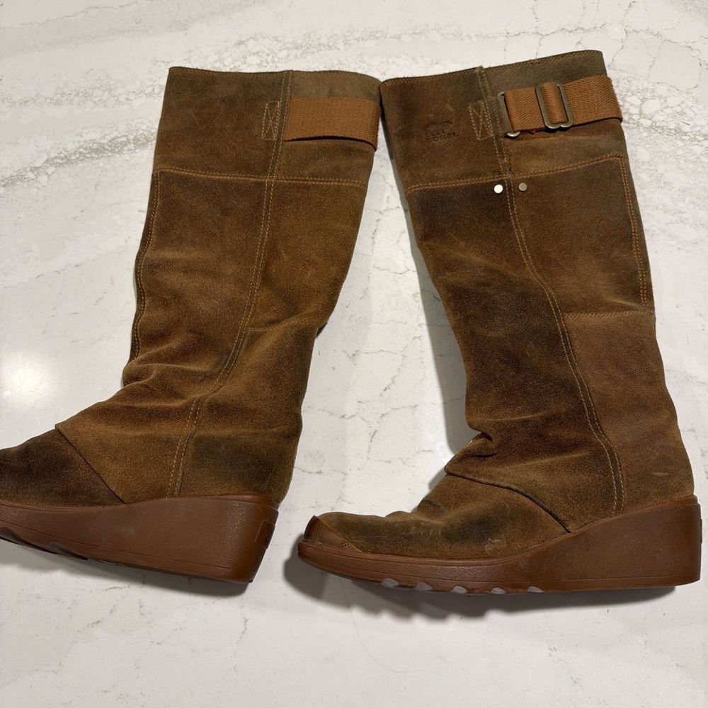 Sorel Brown Suede Wedge Knee-High Boots